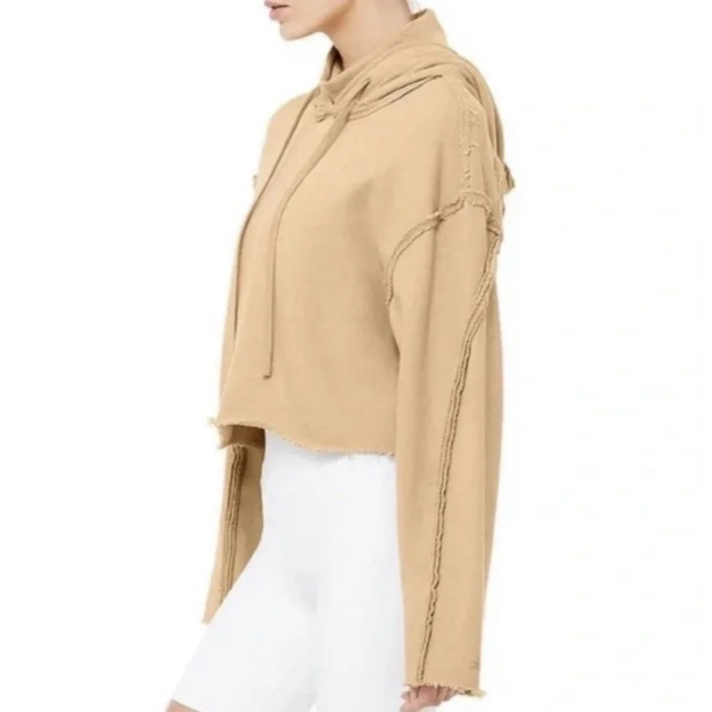 Alo Yoga Effortless Cropped Hoodie Womens Sz M Taupe Cotton Blend Raw Edge